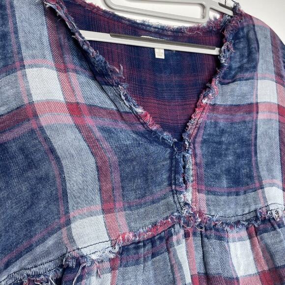 GB Womens Top Size S Blue Plaid Long Sleeve V-Neck Casual Pullover Blouse - Picture 9 of 12